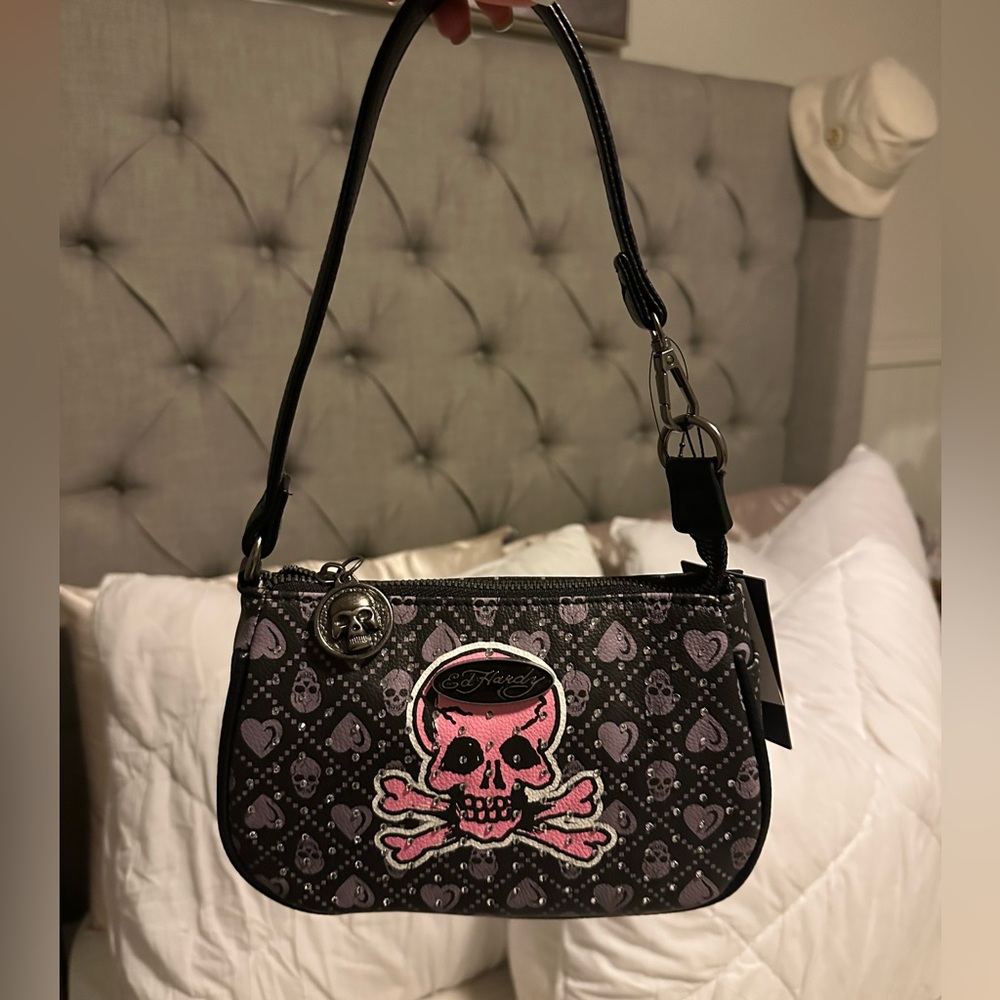 Ed Hardy Black & Pink Skull Motif Shoulder Bag